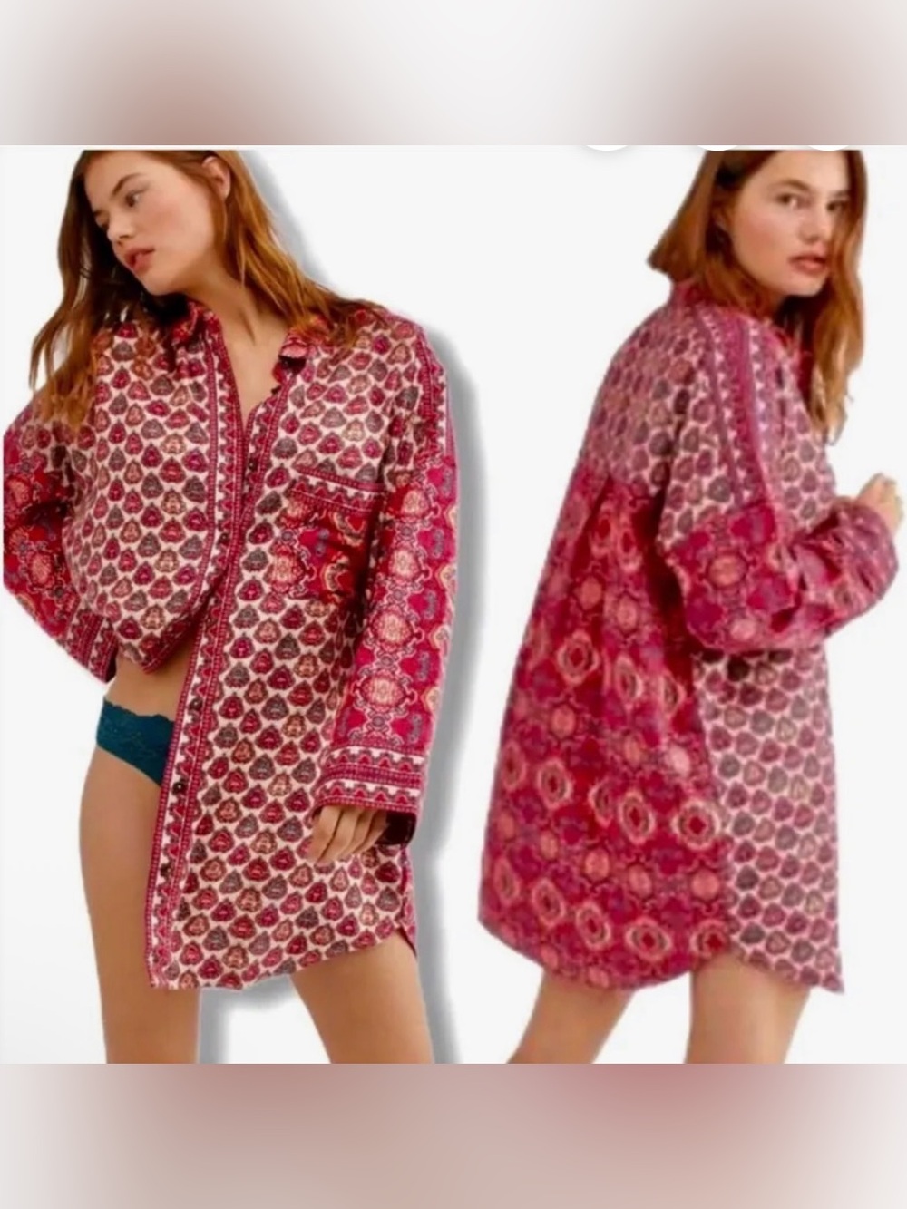 Free People Intimately Happy Holibabe Novelty Print Oversized Flannel Pink Top L